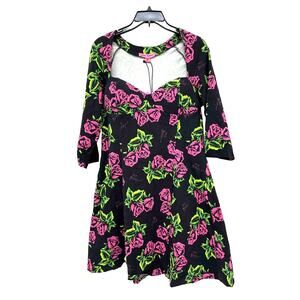 NWT Sz XL Betsy Johnson Rose Print Fit And Flare Dress. Black, Pink, Green.